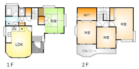 間取り図　1階はリビングと和室。階段下収納有り！
2階は洋室が3部屋。収納力のある納戸。南側ワイドバルコニー！窓が多く換気も良好！