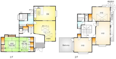 間取り図　1階は広々としたリビング、ダイニングキッチン。和室が2部屋。リビングには掘りごたつ、床暖房があります。
2階は洋室が3部屋。ワイドバルコニーで開放感たっぷりです♪