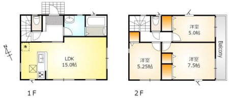 間取り図　1階は三面採光で明るく風の通る15帖のLDK！
2階は7.5帖の主寝室と5.25帖、5帖の洋室。使い勝手の良い３LDKの間取りです♪