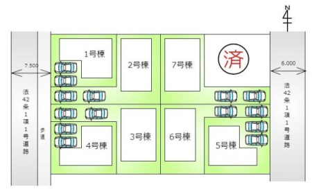 区画図　1号棟
カースペースは2台（車種による）並列での駐車が可能です！
